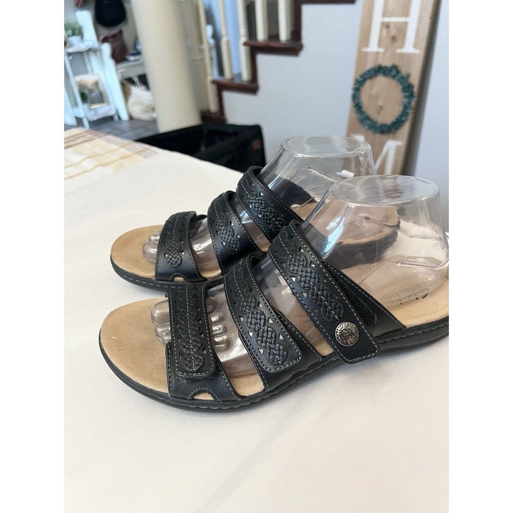 Clarks Collection Leather Slide Sandals Laurieann Cove Black Size 8.5 39 Shoes